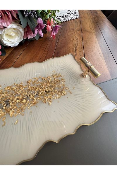 Sultan Tasarım Gold Leaf Rectangular Wavy Patterned Promise Engagement Groom Epoxy Presentation Tray for Two