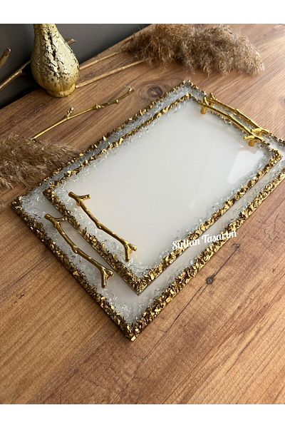 Sultan Tasarım Gold Leaf Wavy Two Size Promise Engagement Groom Epoxy Presentation Tray Set