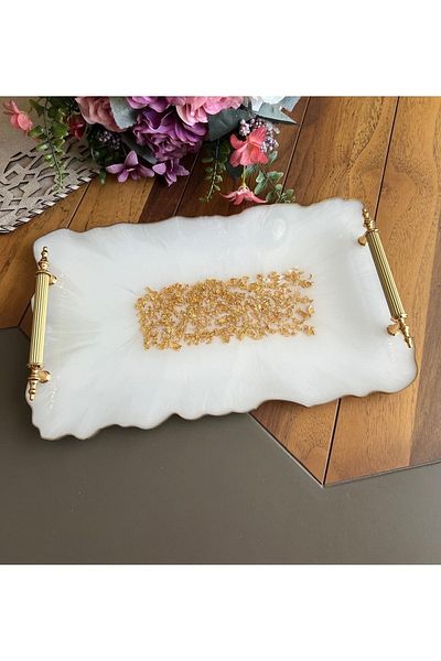 Lemur Sineklik Large Size Gold Leaf Rectangular Wavy Patterned Promise Engagement Groom Epoxy Tray