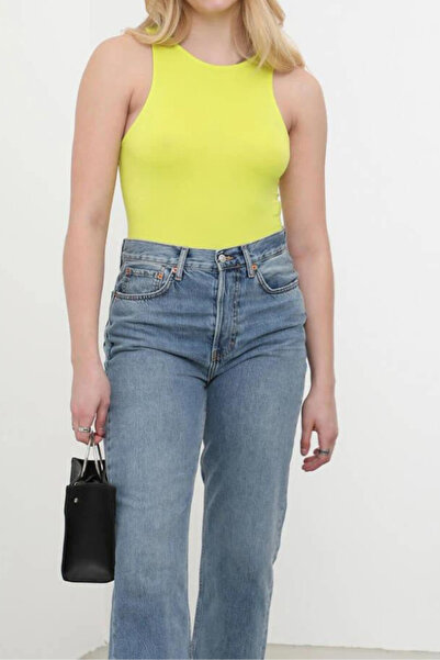 ARESMODA Kadın Neon Sarı Halter Yaka Çıtçıtlı Body Esnek Bodysuit