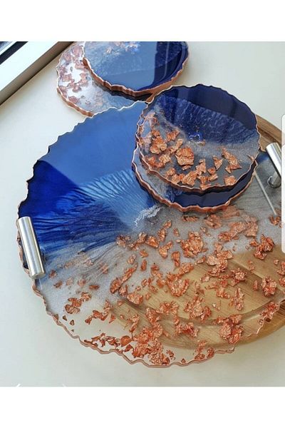 Sultan Tasarım Gold Leaf Round Wavy Patterned Epoxy Tray Coaster Set for Two Promise Engagement Groom