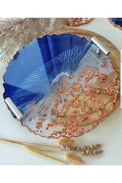 Sultan Tasarım Gold Leaf Round Wavy Patterned Promise Engagement Groom Epoxy Tray for Two - 26 Cm Diameter