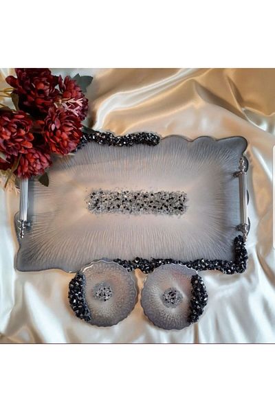 Sultan Tasarım Large Size Silver Leaf Wavy Patterned Promise Engagement Groom Epoxy Tray Coaster Set