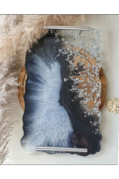 Sultan Tasarım 18x28 Cm Silver Leaf Rectangular Wavy Patterned Promise Engagement Groom Epoxy Presentation Tray for Two
