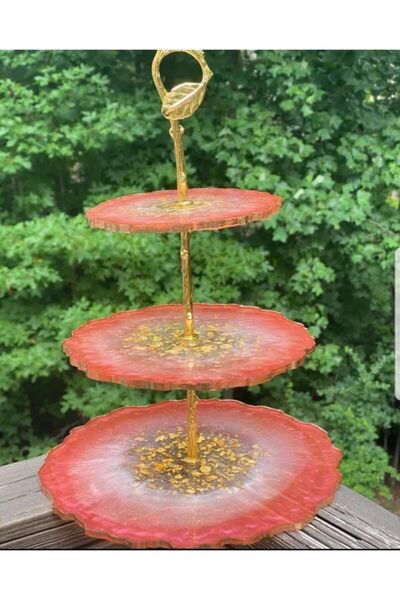 Sultan Tasarım Üç Katlı Altın Yaldızlı Sedef Efektli Sunumluk Kurabiyelik Mey...