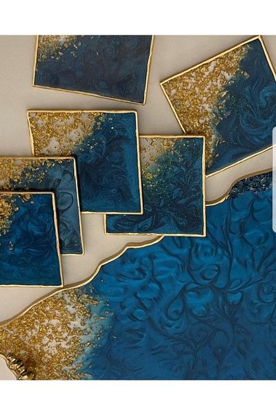 Sultan Tasarım Large Size Gold Leaf Wavy Patterned Promise Engagement Groom Epoxy Tray Coaster Set