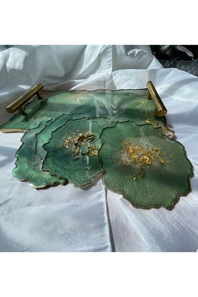 Sultan Tasarım Gold Leaf Wavy Patterned Epoxy Presentation Tray Coaster Set for Two Promise Engagement Groom