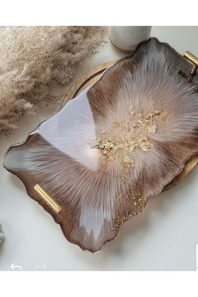 Lemur Sineklik Gold Leaf Rectangular Wavy Patterned Promise Engagement Groom Epoxy Presentation Tray for Two