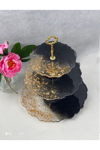 Sultan Tasarım Three Tier Gold Leaf Pearlescent Presentation Fruit Bowl for Cookies