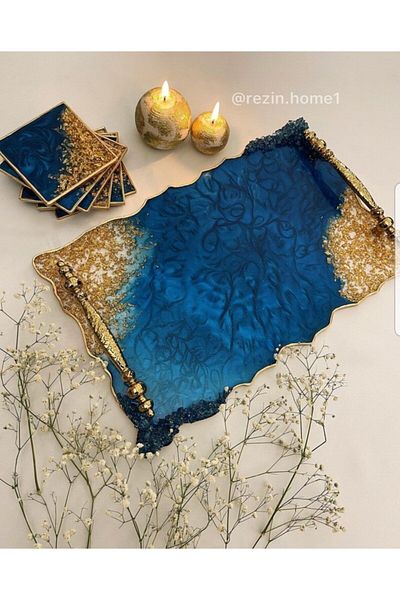 Sultan Tasarım Large Size Gold Leaf Wavy Patterned Promise Engagement Groom Epoxy Tray Coaster Set
