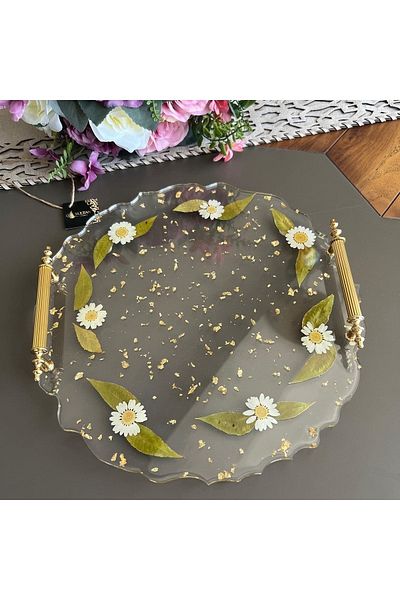 Sultan Tasarım Real Daisy Floral Epoxy Tray