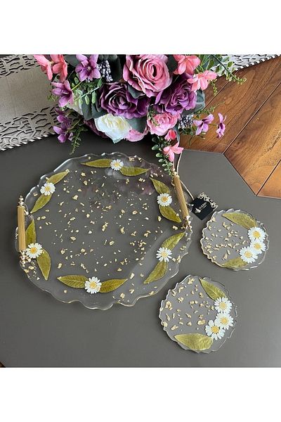 Sultan Tasarım Epoxy Tray with Dried Daisy and Set of 2 Coasters