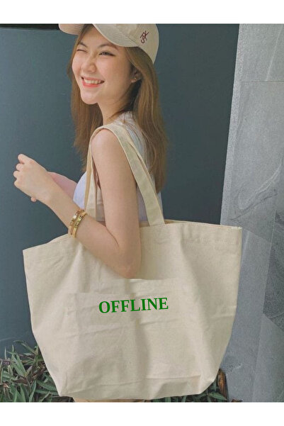 Cemira Offline Temalı Kalın Kanvas Büyük Tote Bag, Omuz Çantası