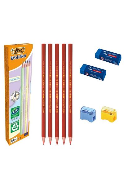 Bic Evolution Pastel Lead - مجموعة أقلام نسخ حمراء مكونة من 12 قطعة + 5 قطع، ممحاة امتحان مكونة من قطعتين