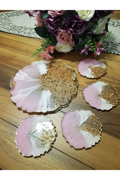 Sultan Tasarım Gold Leaf Round Wavy Promise Engagement Groom Epoxy Presentation Tray Coaster Set for Two