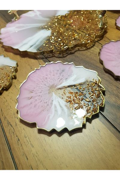 Sultan Tasarım Gold Leaf Round Wavy Promise Engagement Groom Epoxy Presentation Tray Coaster Set for Two