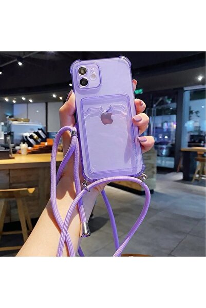 Alfa MEC iPhone 15 Plus Şeffaf Kartlıklı Boyun Askılı Ipli Kılıf Antişok