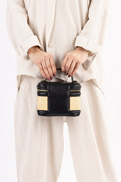 Getcho David Jones Lamora Women's Black Straw Detailed Handbag with Handle Zipper Box Model Cross Strap