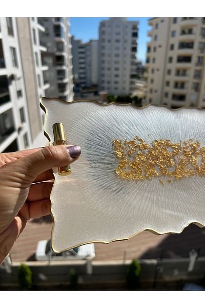 Sultan Tasarım Gold Leaf Rectangular Wavy Patterned Promise Engagement Groom Epoxy Presentation Tray for Two