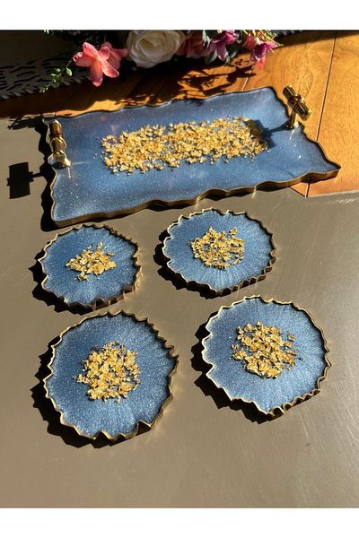 Sultan Tasarım Gold Leaf Wavy Patterned Epoxy Presentation Tray Coaster Set for Two Promise Engagement Groom