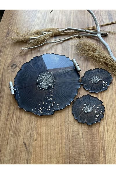 Sultan Tasarım Silver Leaf Round Wavy Epoxy Presentation Tray Coaster Set for Two Promise Engagement Groom