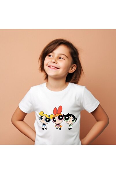 PHAMUK Kısa Kollu Bisiklet Yaka Kız Çocuk Beyaz Tshirt Power Puff Baskılı Pam...