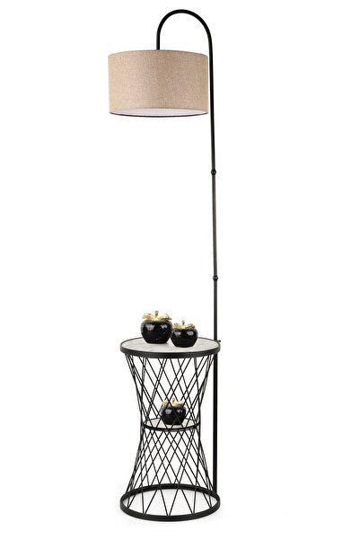 Begüsa Evsa Sehpa Lambader Siyah Mermer Ahşap Hasır Şapka