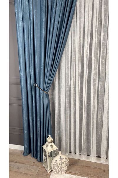 Evdepo Home Indigo Solid Color Soft Background Curtain, Pleatless Flat Planting, Extrafor Drawstring, Single Wing