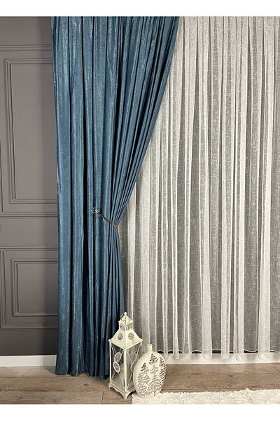 Evdepo Home Indigo Solid Color Soft Background Curtain, Pleatless Flat Planting, Extrafor Drawstring, Single Wing