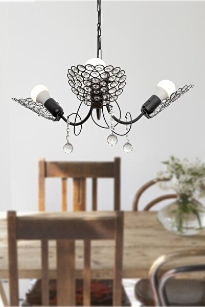 Begüsa Kristal Yaprak 3.lü Siyah Avize