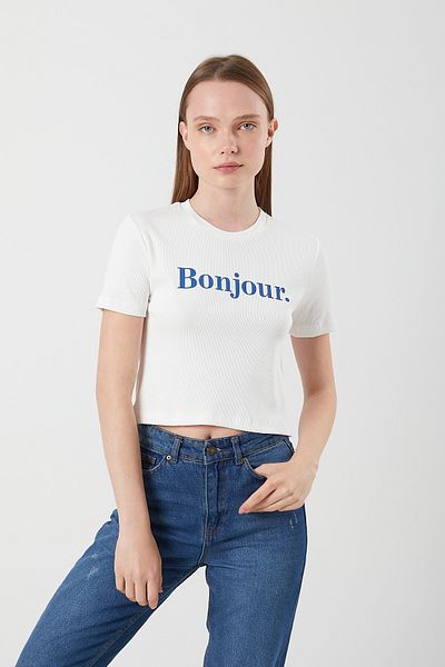 Mixray Γυναικείο T-Shirt από βαμβακερό Crop Bonjour Printed 1086