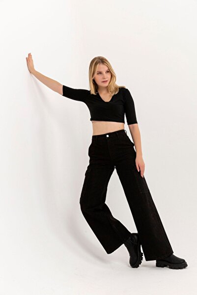 Darkly Jeans Kadın Siyah Yüksek Bel Kargo Wide Leg Jean