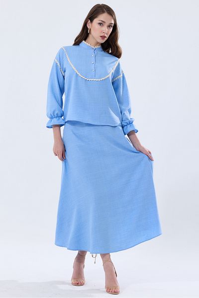 MD trend Linen Set - High Collar, Scallop Detailed Blouse and Flared Skirt