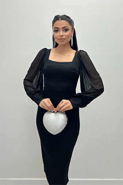 giyimmasalı Krep Kumaş Kare Yaka Kalem Elbise - Siyah