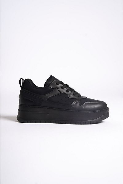 Shoesers Pantofi de damă, cu talpă groasă, cu șireturi, de culoare neagră, pantofi sport