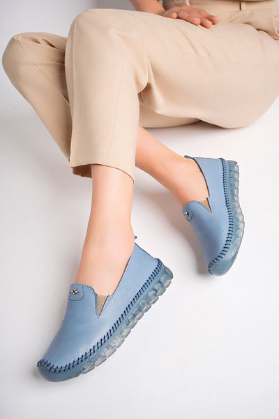 Deripabuc Blue Genuine Leather Women's Ballerinas - Dp75-0700