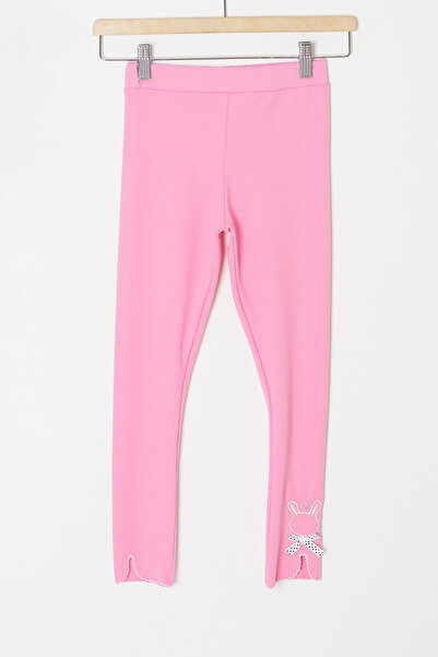 Cansın Mini Pembe Fiyonklu Tavşan Nakışlı Fitilli Kız Çocuk Yırtmaçlı Tayt 18151