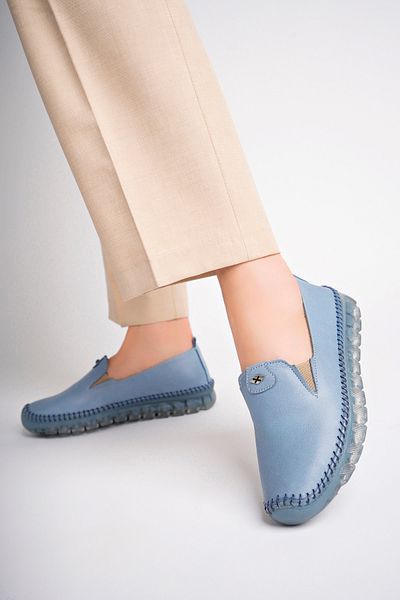 Deripabuc Blue Genuine Leather Women's Ballerinas - Dp75-0700