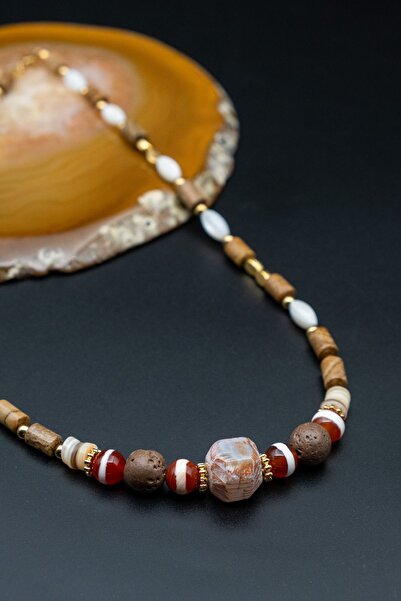 Serenite Artiel Sedef Tibet ve Akik Taşı Kolye