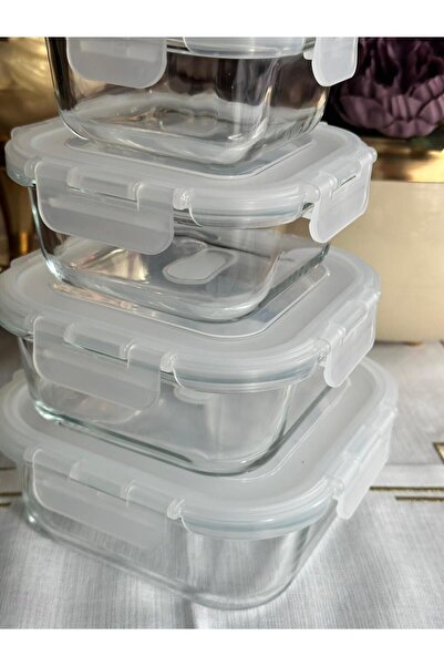 MD MİMOZA DEKOR Set of 4 Square Borosilicate Glass Storage Containers White, Multi-Purpose Use