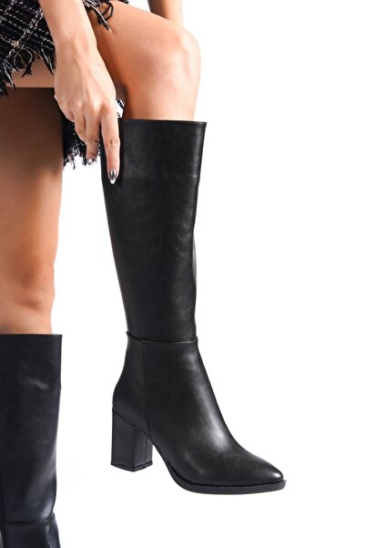 DS AYAKKABI Black Imported Leather Women's Heeled Boots