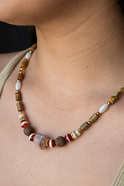 Serenite Artiel Sedef Tibet ve Akik Taşı Kolye