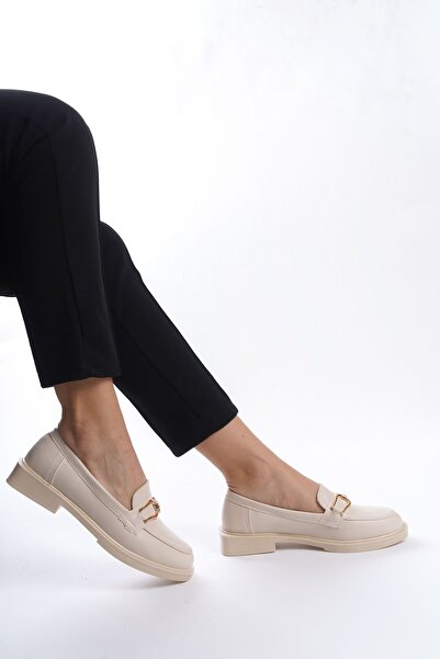 Shoesers Ежедневни дамски кожени мокасини с катарама и мокасини, бежови