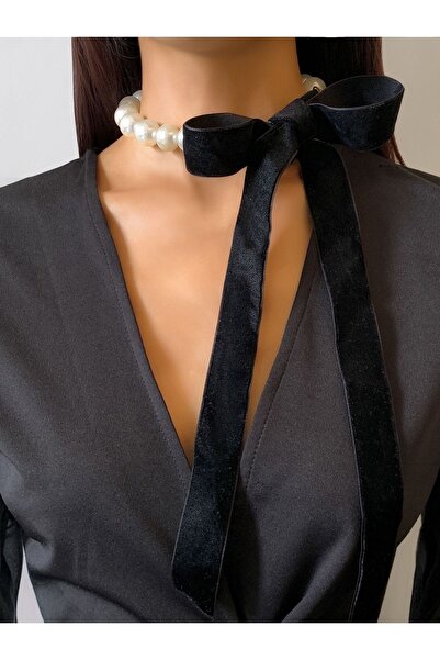 Jovela Kadife siyah kurdela inci kolye