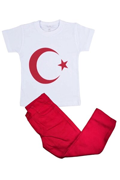 By Cwhr Κοντομάνικο λευκό μπλουζάκι με τουρκική σημαία Λινό κόκκινο παντελόνι...