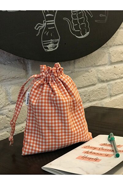 Sumicorn Design Turuncu Pötikareli Çevre Dostu Bez Keten Büzgülü Ipli Düzenleyici Kese,hediye Kesesi,makyaj Çantası
