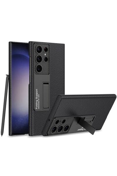 Galaxy S24 Ultra Case Leather Look Camera Protected Cover with Stand