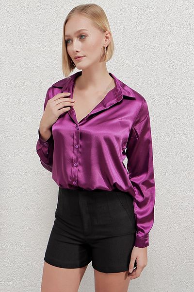 hazelin Cămașă mov cu suprafață de satin ușor drapată pentru femei Hzl22w-bd139641