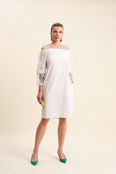 VERDA Plus Size Lace Detailed Thin Straps White Cotton Dress