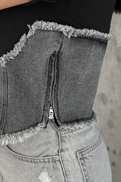 FEMELLE Dámské černé bavlněné tričko s džínovým detailem na zip na boku